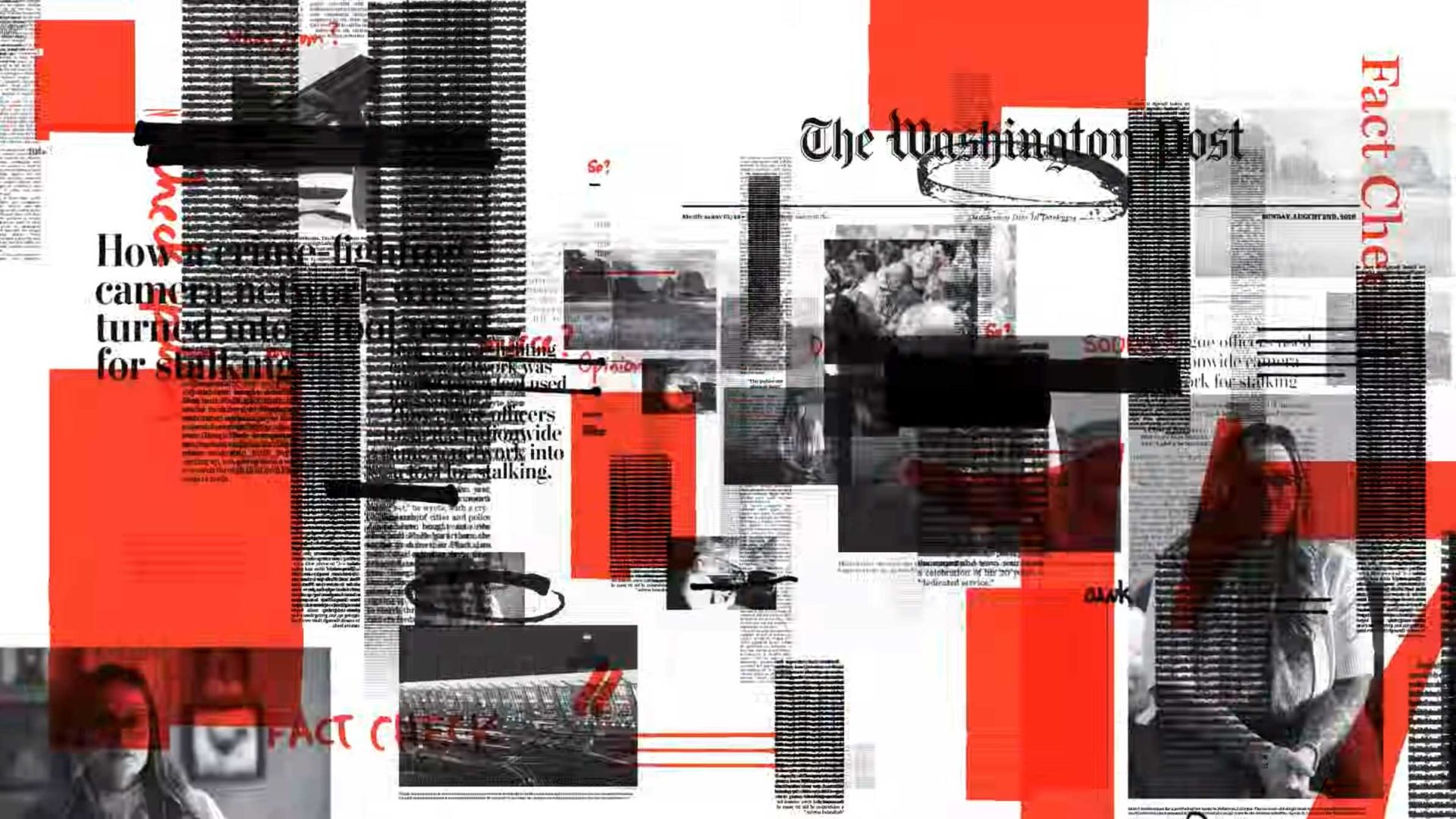 A digital collage by Sabih Mahmood featuring The Washington Post masthead, news headlines about camera networks, and black-and-white photos, all overlaid with bold red geometric shapes and black redaction bars. Frame from Stash Magazine article.