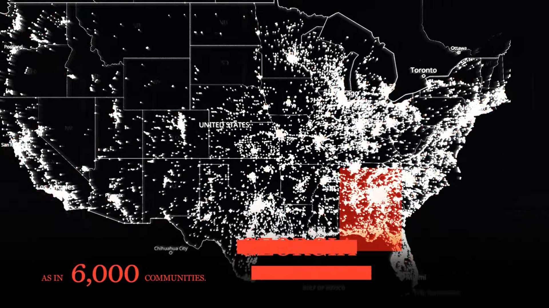 A Washington Post map of the U.S. showing light-colored population clusters, with a red rectangle highlighting the Southeast and text reading AS IN 6,000 COMMUNITIES, documenting the relentless motion of urban growth. Frame from Stash Magazine article.