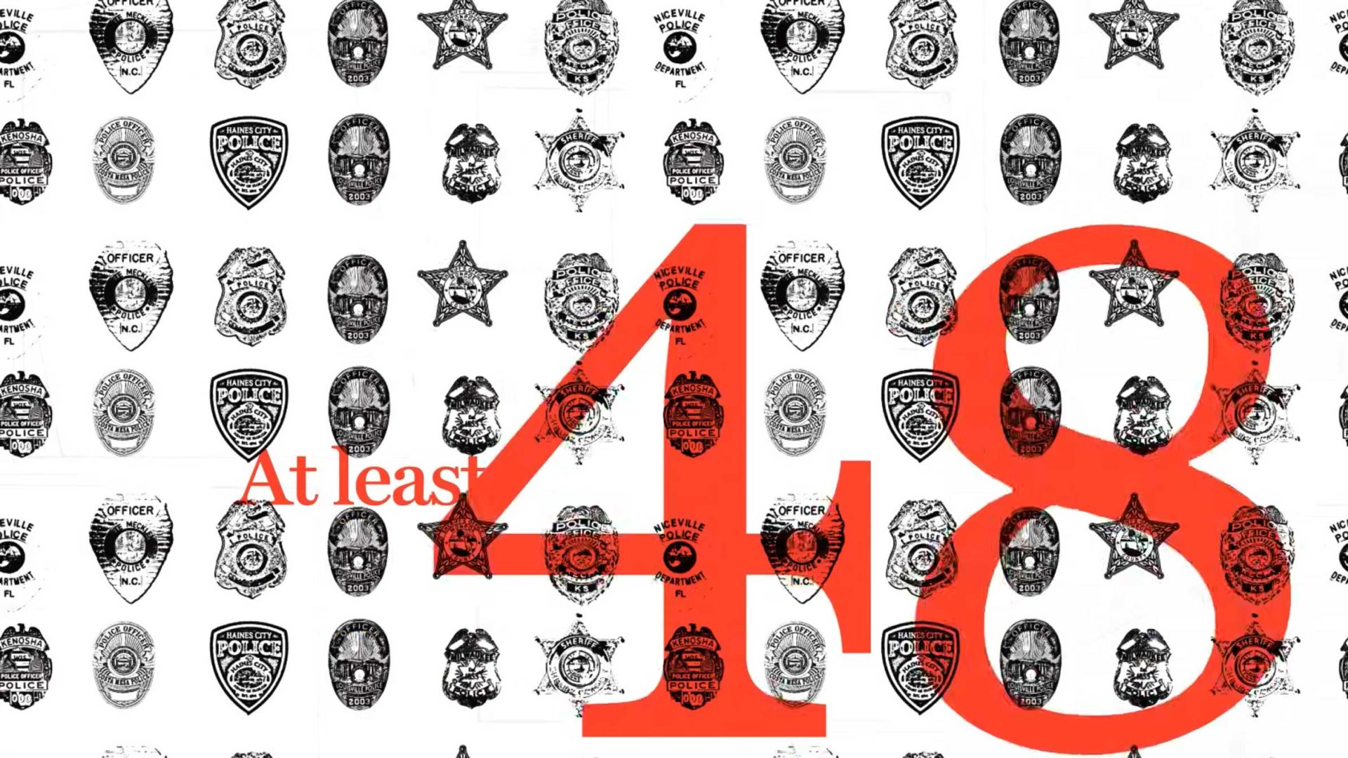 A grid of police badges for the Washington Post Relentless campaign, with the large red text At least 48 overlaid on top. Frame from Stash Magazine article.