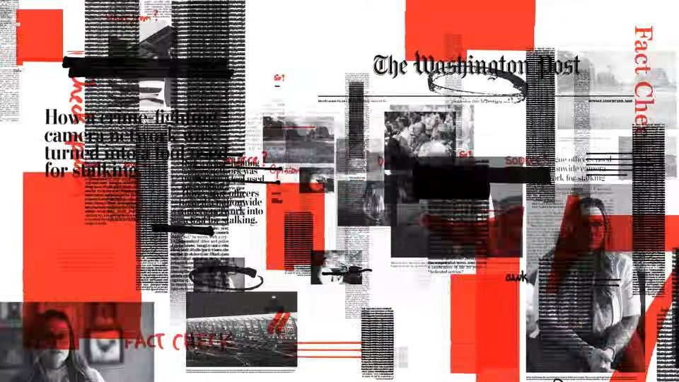 A Washington Post page about a camera network used for stalking, presented as a Relentless campaign film by Blinkink and Uncommon, heavily obscured by red geometric shapes, black redaction bars, and hand-written annotations. Frame from Stash Magazine article.