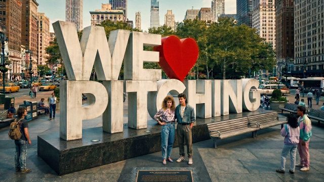 Two people stand in front of a large "WE [heart] PITCHING" sculpture in a lively city plaza. This scene, featured in We Love Pitching Part 1, captures the creative buzz highlighted by Stash Media’s guest editorial. Frame from Stash Magazine article.