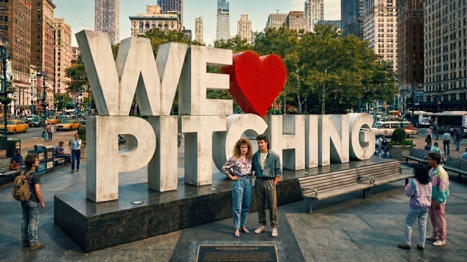 Two people stand in front of a large "WE [heart] PITCHING" sculpture in a lively city plaza. This scene, featured in We Love Pitching Part 1, captures the creative buzz highlighted by Stash Media’s guest editorial. Frame from Stash Magazine article.