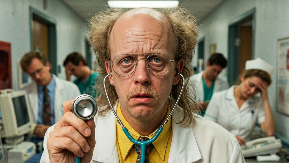 A middle-aged doctor with messy hair and glasses holds a stethoscope toward the camera in a hospital hallway, looking concerned—like he’s ready for a We Love Pitching Part 1 Stash Media Guest editorial. Medical staff work in the background. Frame from Stash Magazine article.