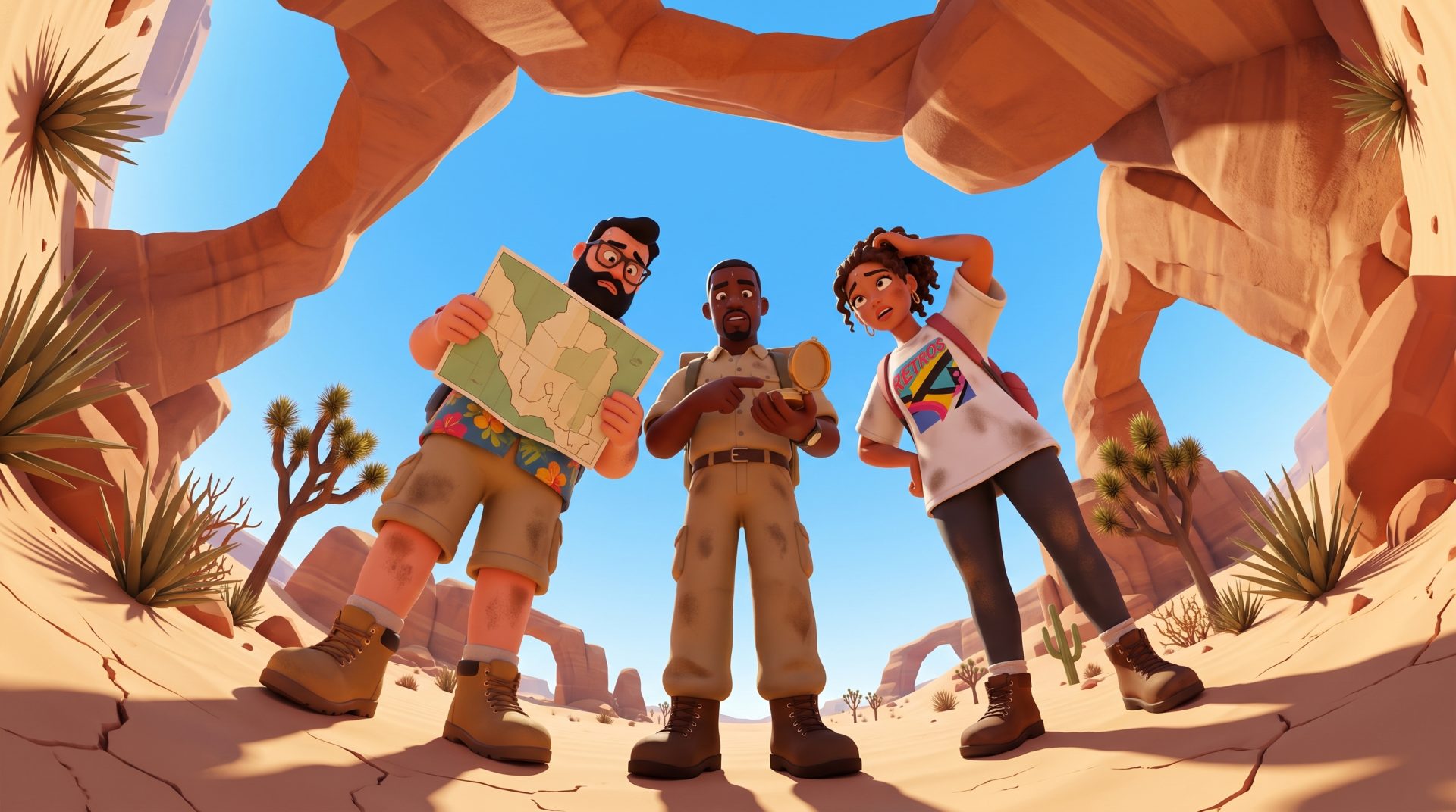 Three animated people stand under a desert rock arch. One holds a map, one wears a ranger uniform with a compass, and one gestures excitedly, capturing the adventurous spirit of We-Love-Pitching-Part-10-Guest-editorial-by-Claus-Cibilis-. The sky is clear and blue, with cacti and rocks in the background. Frame from Stash Magazine article.