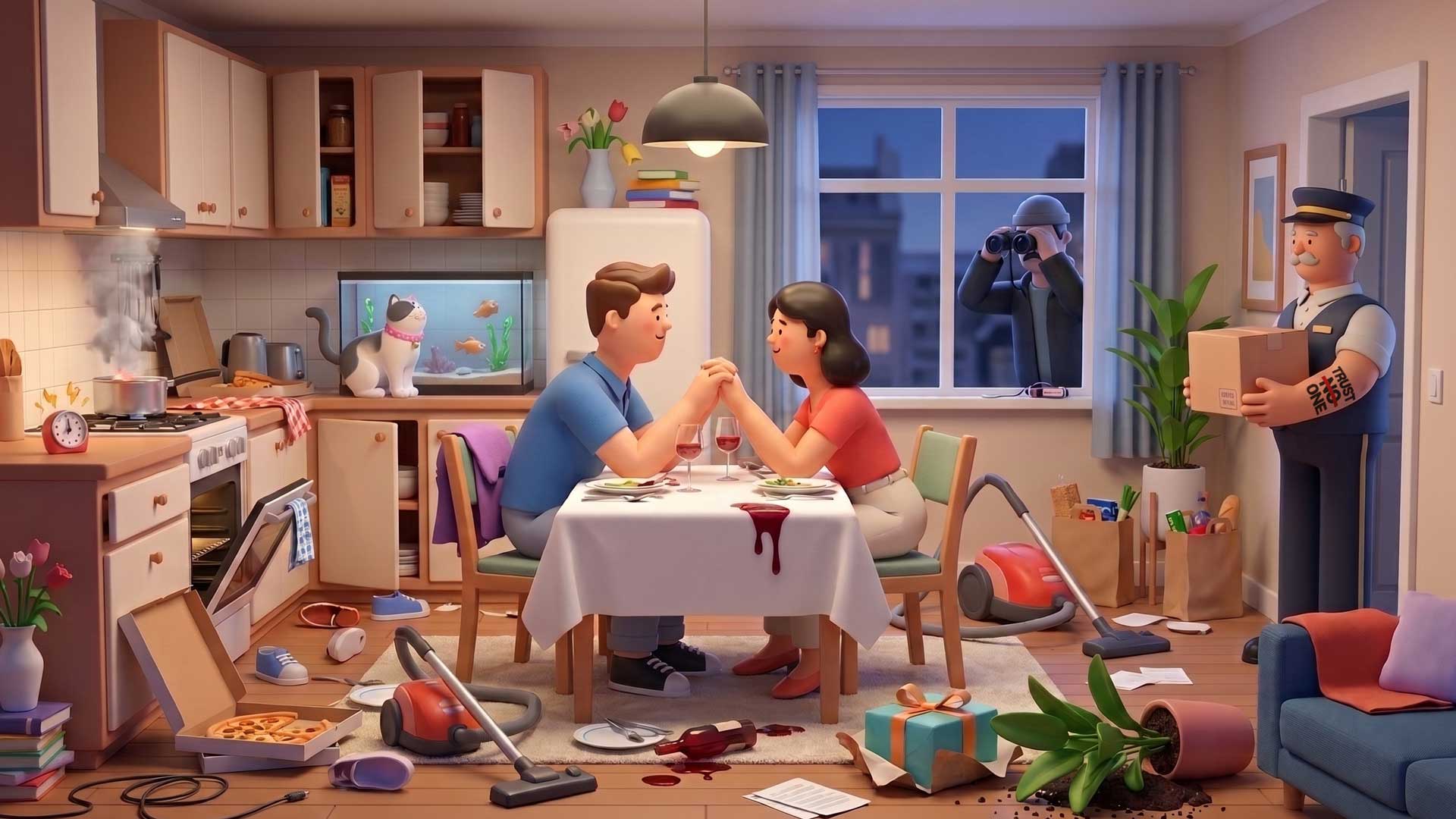 A couple holds hands at a dinner table in a messy apartment, chronicling a moment of intimacy amidst the chaos. A delivery man stands at the door, and a photographer takes pictures through the window. The kitchen and living room are cluttered, each item contributing to the necessary mess that tells its own story. Frame from Stash Magazine article.