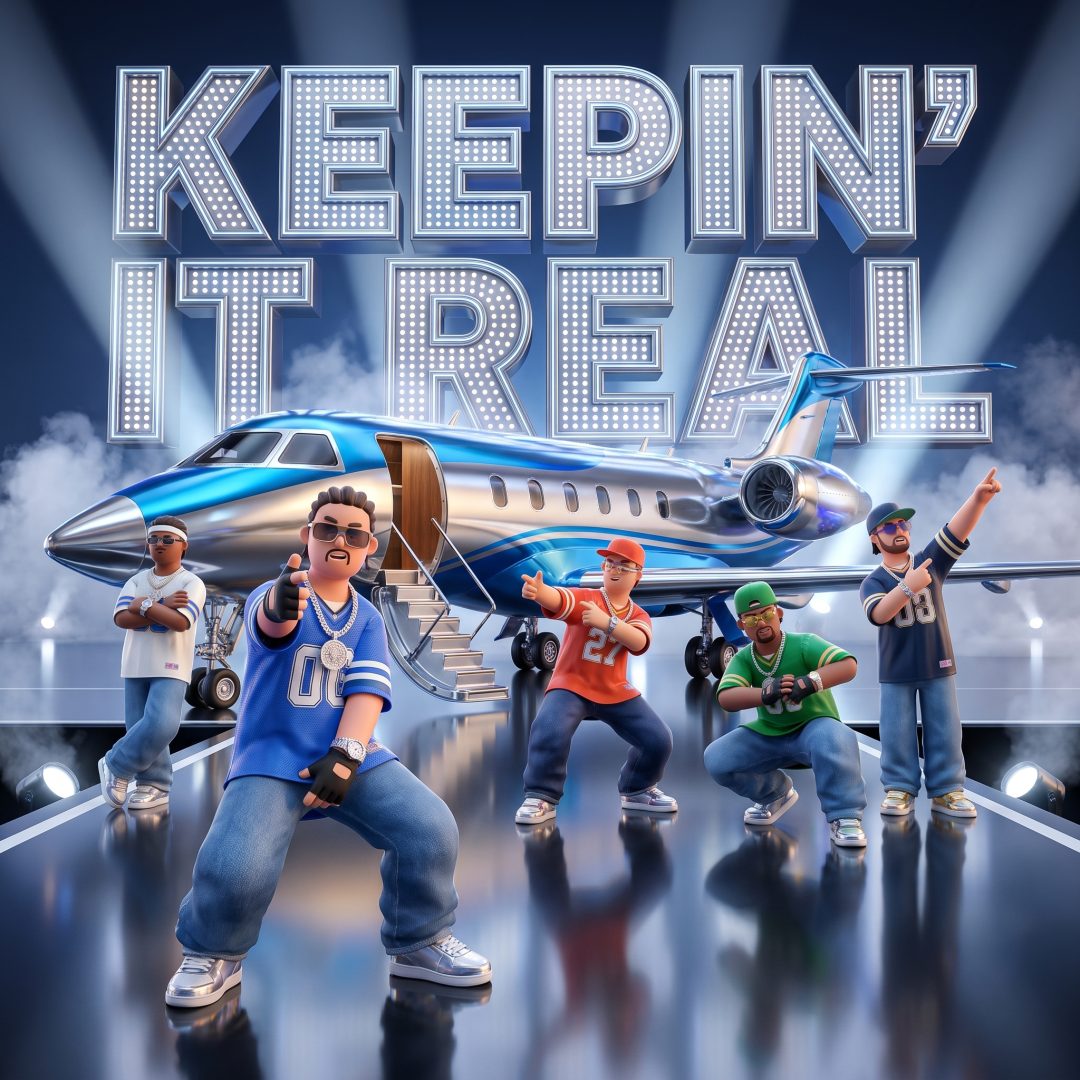 Animated hip-hop group posing confidently in front of a private jet, with Keepin It Real in large lights above them. The scene unfolds like stylish chronicles, featuring spotlights, smoke, and a flashy, energetic vibe that captures every necessary mess of living loud. Frame from Stash Magazine article.