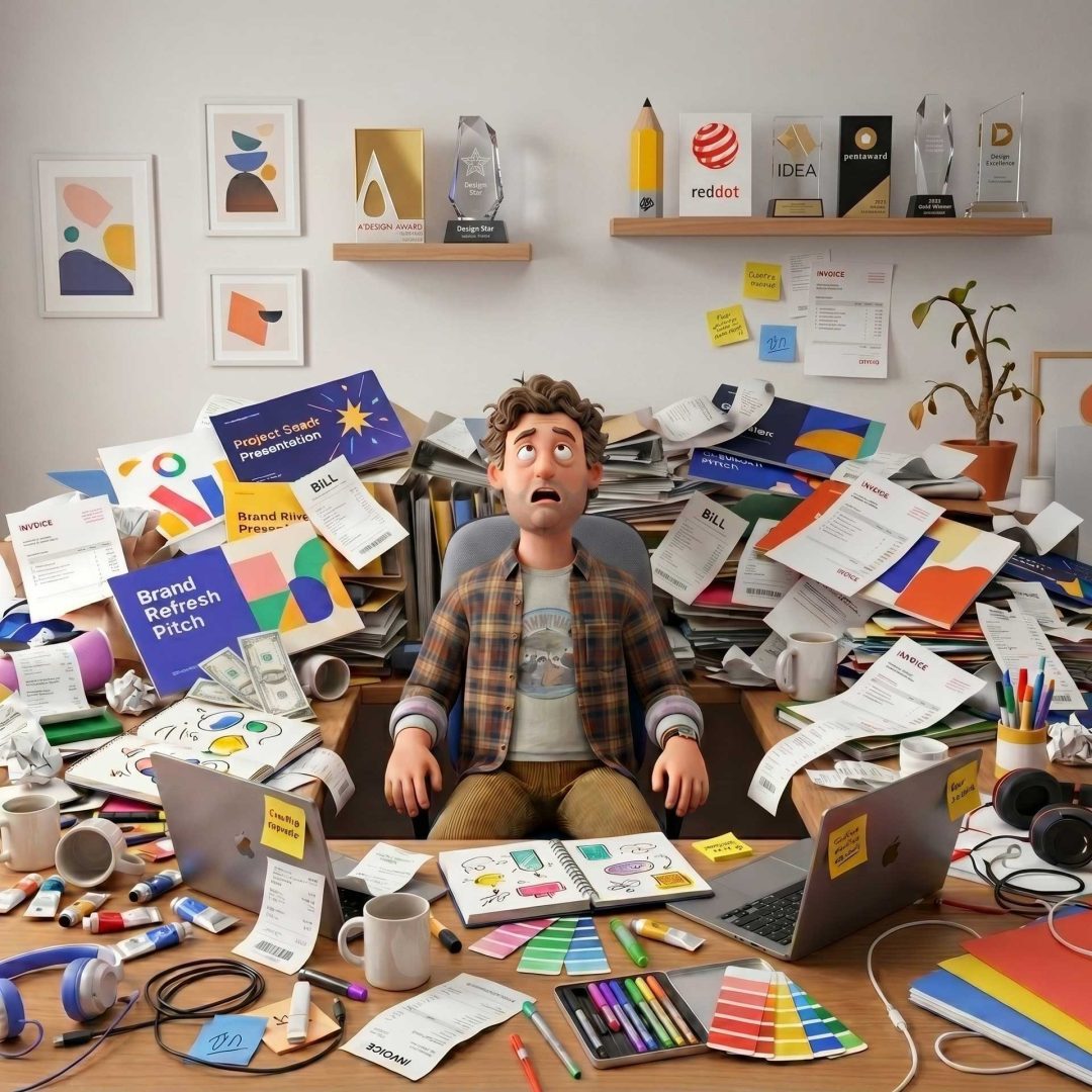A cartoon man sits at a messy desk covered with papers, laptops, coffee cups, and art supplies, looking overwhelmed—a scene reminiscent of We-Love-Pitching-Part-12-Guest-editorial-by-Claus-Cibilis. Colorful charts, awards, and sticky notes fill the wall and workspace around him. Frame from Stash Magazine article.
