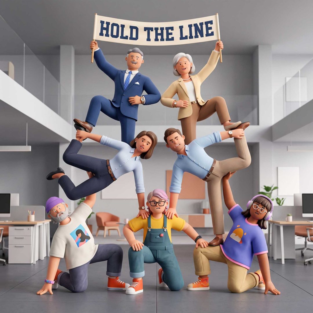 A group of animated people form a pyramid in a modern office, with two at the top holding a HOLD THE LINE banner while others pose below, smiling and supporting each other—perfectly capturing the collaborative spirit highlighted in We-Love-Pitching-Part-14-Guest-editorial-by-Claus-Cibilis. Frame from Stash Magazine article.
