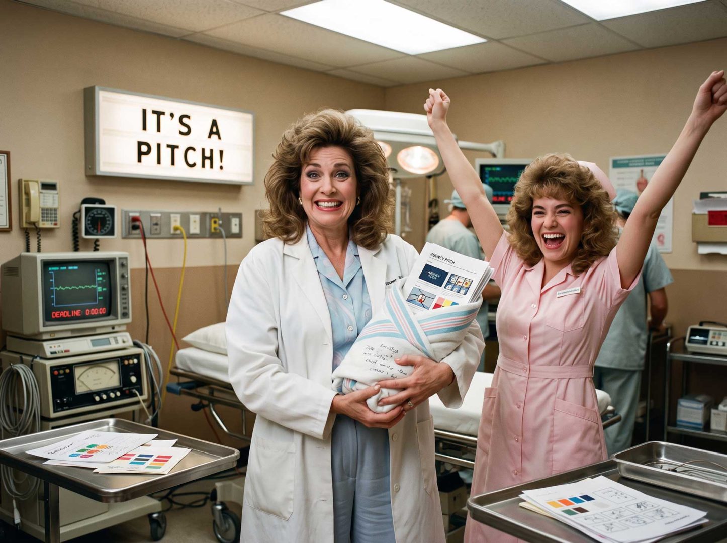 Two women in 1980s hospital uniforms celebrate as one holds a swaddled bundle of marketing materials; a sign behind them reads, IT’S A PITCH! and medical equipment is visible in the background, evoking the irreverent spirit found in We-Love-Pitching-Part-15-Guest-editorial-by-Claus-Cibilis-_-STASH-MAGAZINE. Frame from Stash Magazine article.