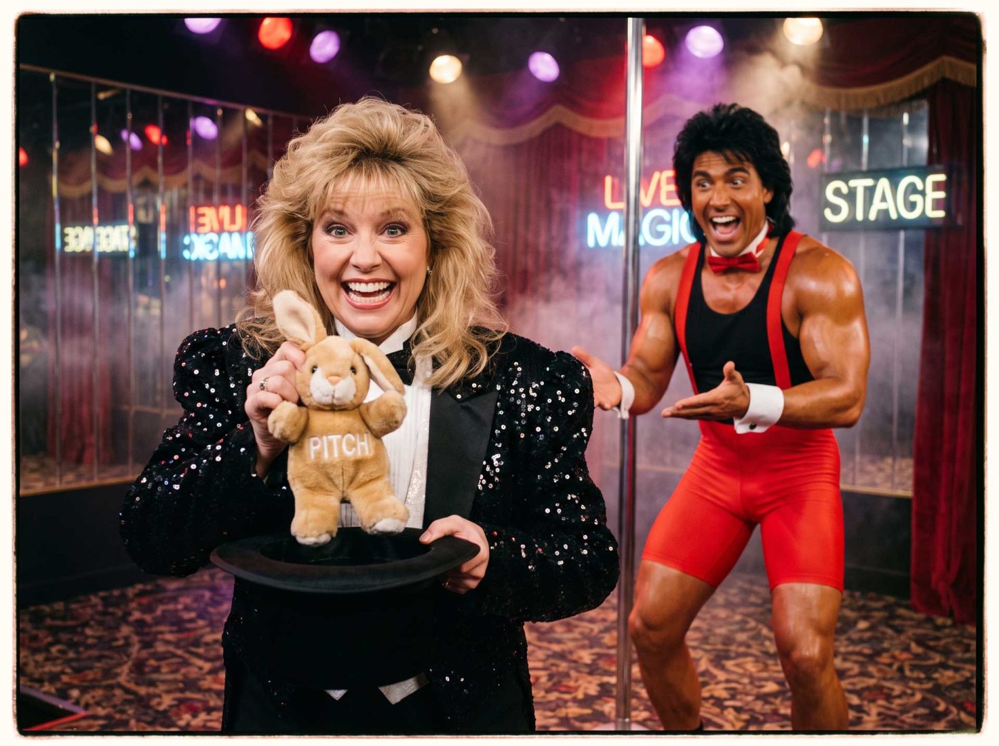 A smiling magician holds a hat with a stuffed bunny labeled PITCH, while a muscular assistant in a red outfit enthusiastically gestures toward her on a stage with LIVE MAGIC signs in the background, bringing the excitement of We-Love-Pitching-Part-16-Guest-editorial-by-Claus-Cibilis to life. Frame from Stash Magazine article.