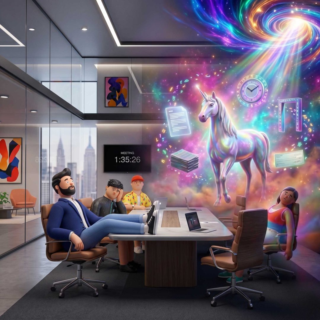 Four people sit in a modern office meeting room, appearing bored, while a vibrant, magical unicorn and swirling galaxy emerge from the wall—an extraordinary scene that chronicles the necessary mess of pitching bold new ideas. Around them float documents, a clock, and rainbow-colored lights, infusing magic into an otherwise ordinary setting. Frame from Stash Magazine article.
