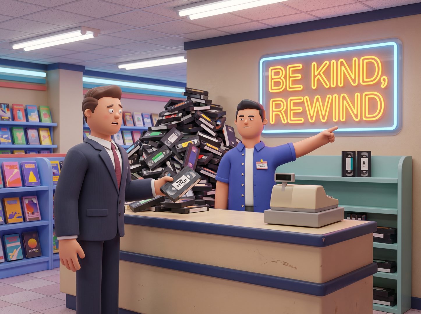 A customer in a suit holds a VHS tape labeled The Pitch at a video rental store counter, while an employee gestures toward a neon sign that reads BE KIND, REWIND, reflecting a We-Love-Pitching-Part-19-Guest-editorial-by-Claus-Cibilis aesthetic. Frame from Stash Magazine article.