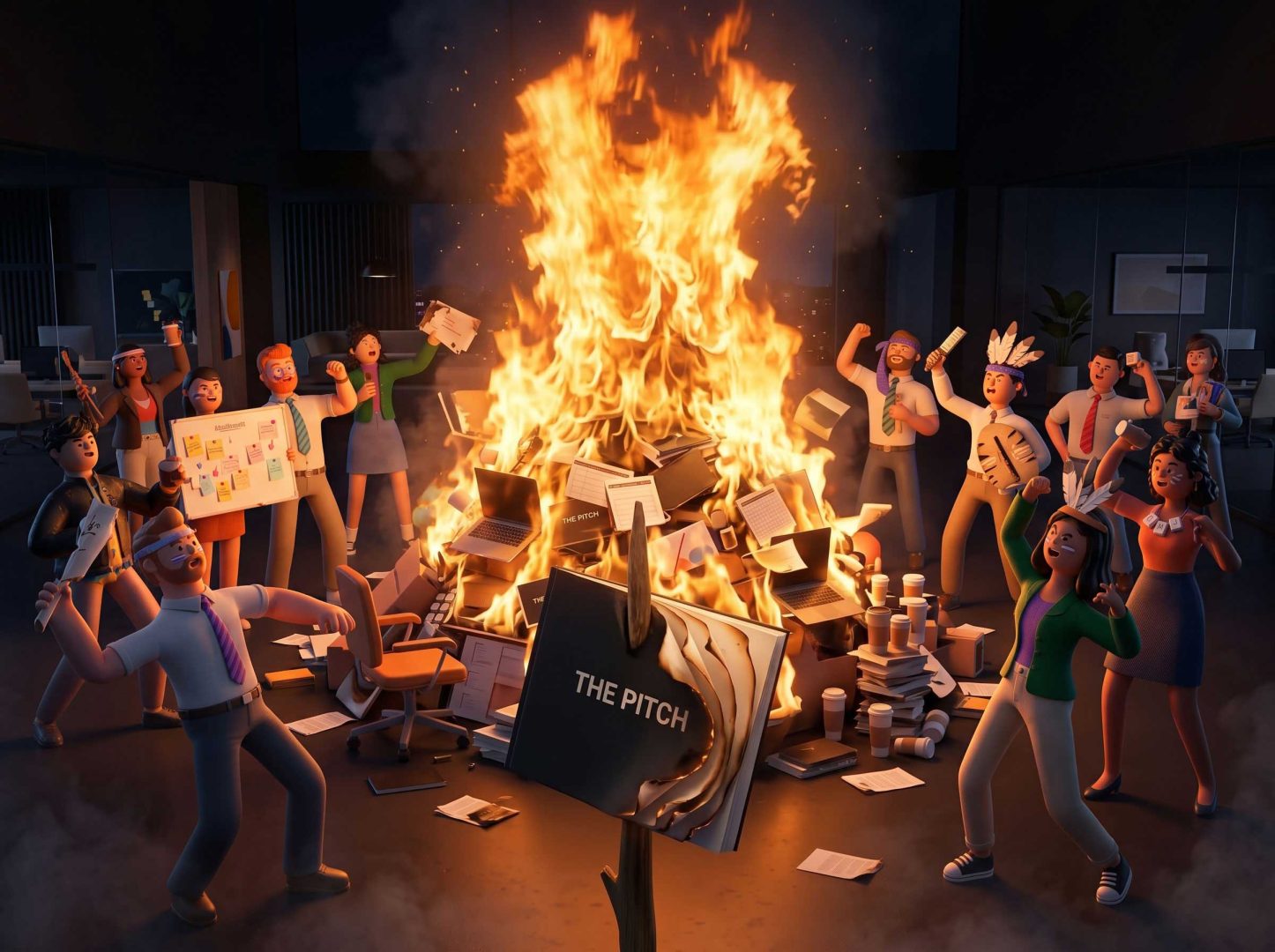 Office workers cheer while throwing documents, laptops, and coffee cups into a large bonfire, captured in this We Love Pitching Part 19 guest editorial by Claus Cibilis. Frame from Stash Magazine article.