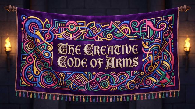 A purple velvet banner titled The Creative Code of Arms for a We Love Pitching guest editorial, embroidered with colorful, abstract geometric patterns and finished with a row of tassels. Frame from Stash Magazine article.