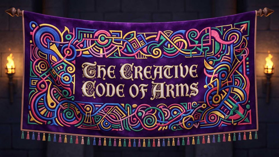 A purple velvet banner titled The Creative Code of Arms for a We Love Pitching guest editorial, embroidered with colorful, abstract geometric patterns and finished with a row of tassels. Frame from Stash Magazine article.