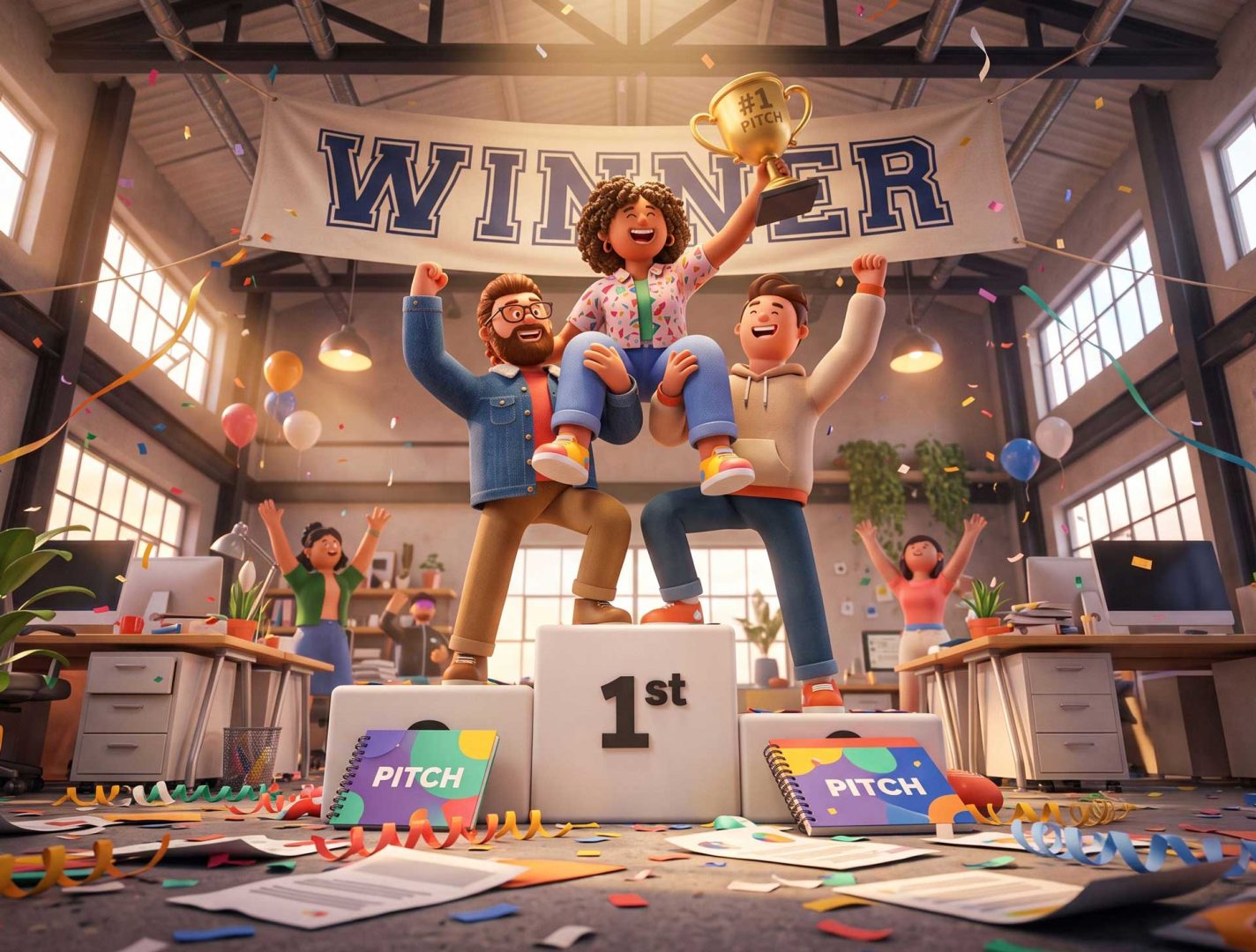 Three coworkers celebrate a successful pitch standing on a first-place podium beneath a Winner banner, with one person held aloft holding a #1 Pitch trophy for the We-Love-Pitching Part 21 guest editorial by Claus Cibilis. Frame from Stash Magazine article.