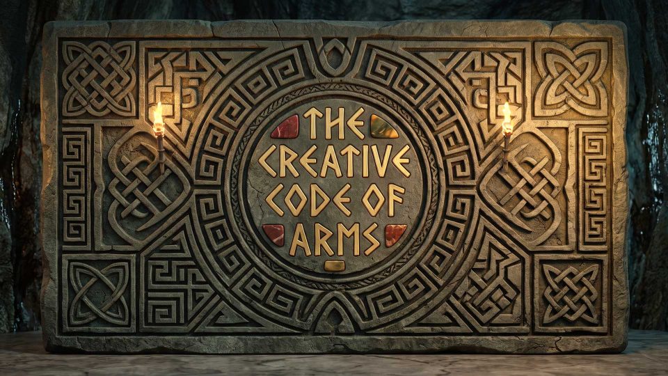 A stone tablet with Celtic knotwork carving and two lit torches, centered with the runic-style text The Creative Code of Arms, guest editorial by Claus Cibilis, surrounded by colored gems. Frame from Stash Magazine article.
