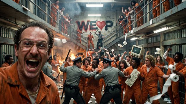 A man in an orange jumpsuit takes a We-Love-Pitching-Part-22 selfie with a joyful expression while a chaotic prison riot breaks out behind him. Frame from Stash Magazine article.