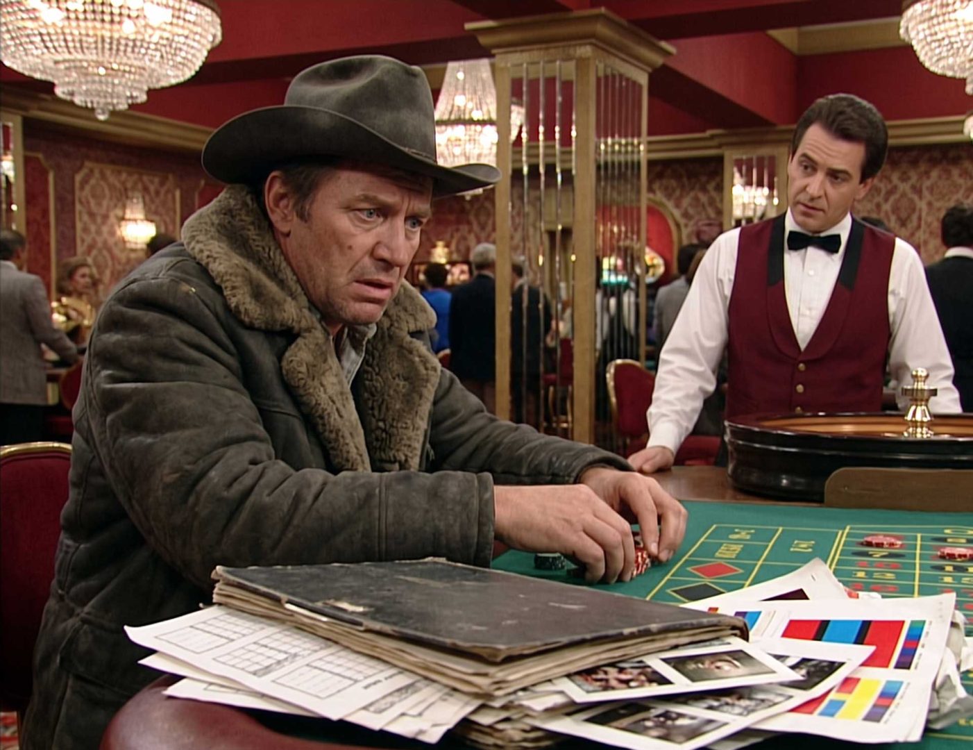A man in a cowboy hat and sheepskin-lined coat looks down at a stack of papers and poker chips at a casino table, appearing to be pitching a storytelling concept to a dealer in a vest and bowtie. Frame from Stash Magazine article.