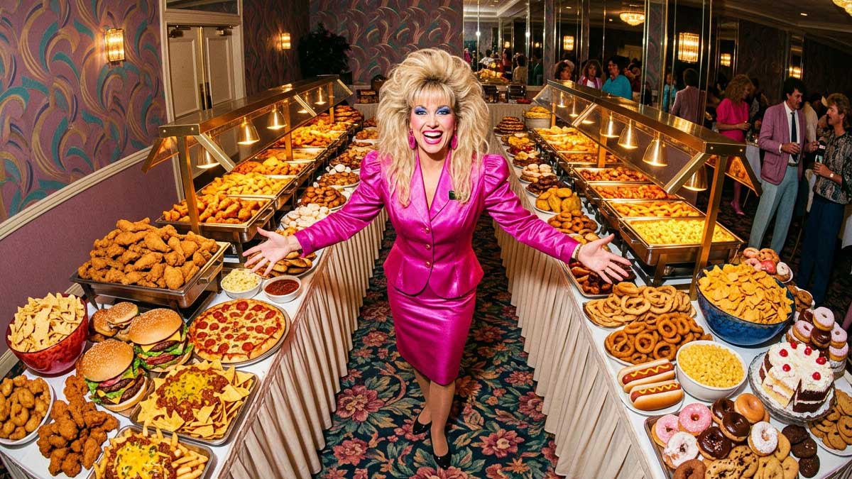 A woman with big blond hair and a bright pink suit stands smiling, arms open, in front of a buffet piled high with treats at a colorful, retro-styled banquet room for We-Love-Pitching-Part-3. Frame from Stash Magazine article.