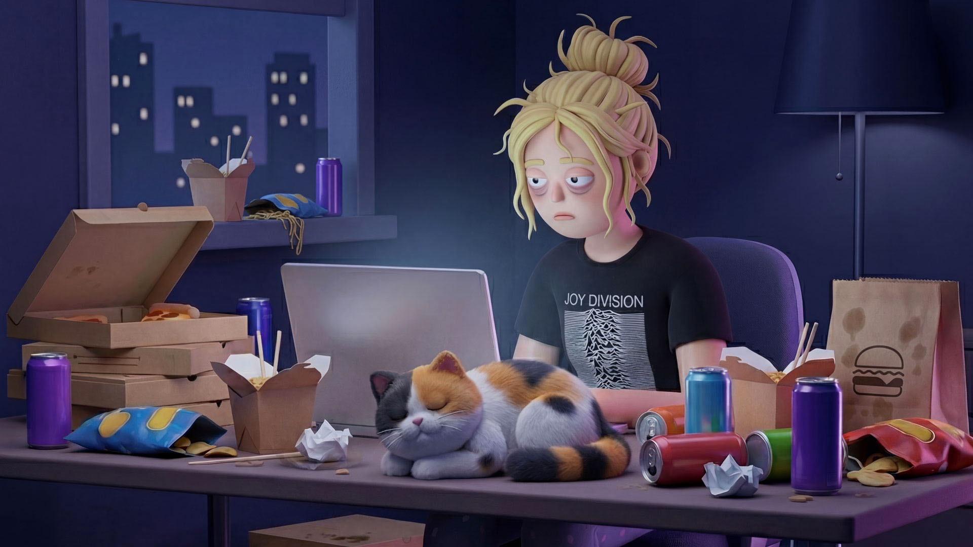 A tired cartoon person with messy hair sits at a cluttered desk, surrounded by takeout boxes, soda cans, and a sleeping cat, as city lights glow outside—a scene inspired by We-Love-Pitching-Part-4-Guest-editorial-by-Claus-Cibilis-_-STASH-MAGAZINE. Frame from Stash Magazine article.