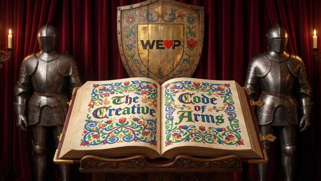 An ornate book titled The Creative Code of Arms is open on a stand, surrounded by colorful designs. Behind it, two armored suits and a medieval shield with WE❤️P evoke the spirit of We-Love-Pitching-Part-6-Guest-editorial-by-Claus-Cibilis. Frame from Stash Magazine article.