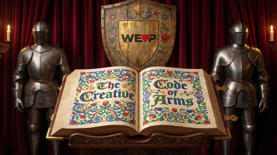 An ornate book titled The Creative Code of Arms is open on a stand, surrounded by colorful designs. Behind it, two armored suits and a medieval shield with WE❤️P evoke the spirit of We-Love-Pitching-Part-6-Guest-editorial-by-Claus-Cibilis. Frame from Stash Magazine article.