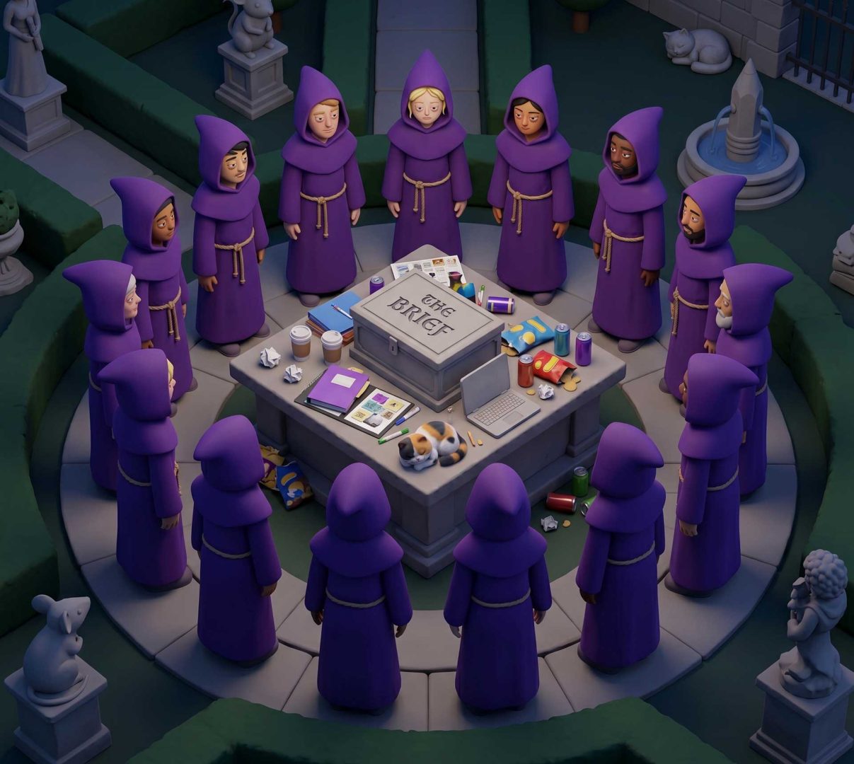 Fourteen people in purple hooded robes stand in a circle around a stone altar labeled THE BRIEF in a garden. Nearby, a statue holds a sign: We-Love-Pitching-Part-6-Guest-editorial-by-Claus-Cibilis. Papers, snacks, and drinks cover the altar. Frame from Stash Magazine article.