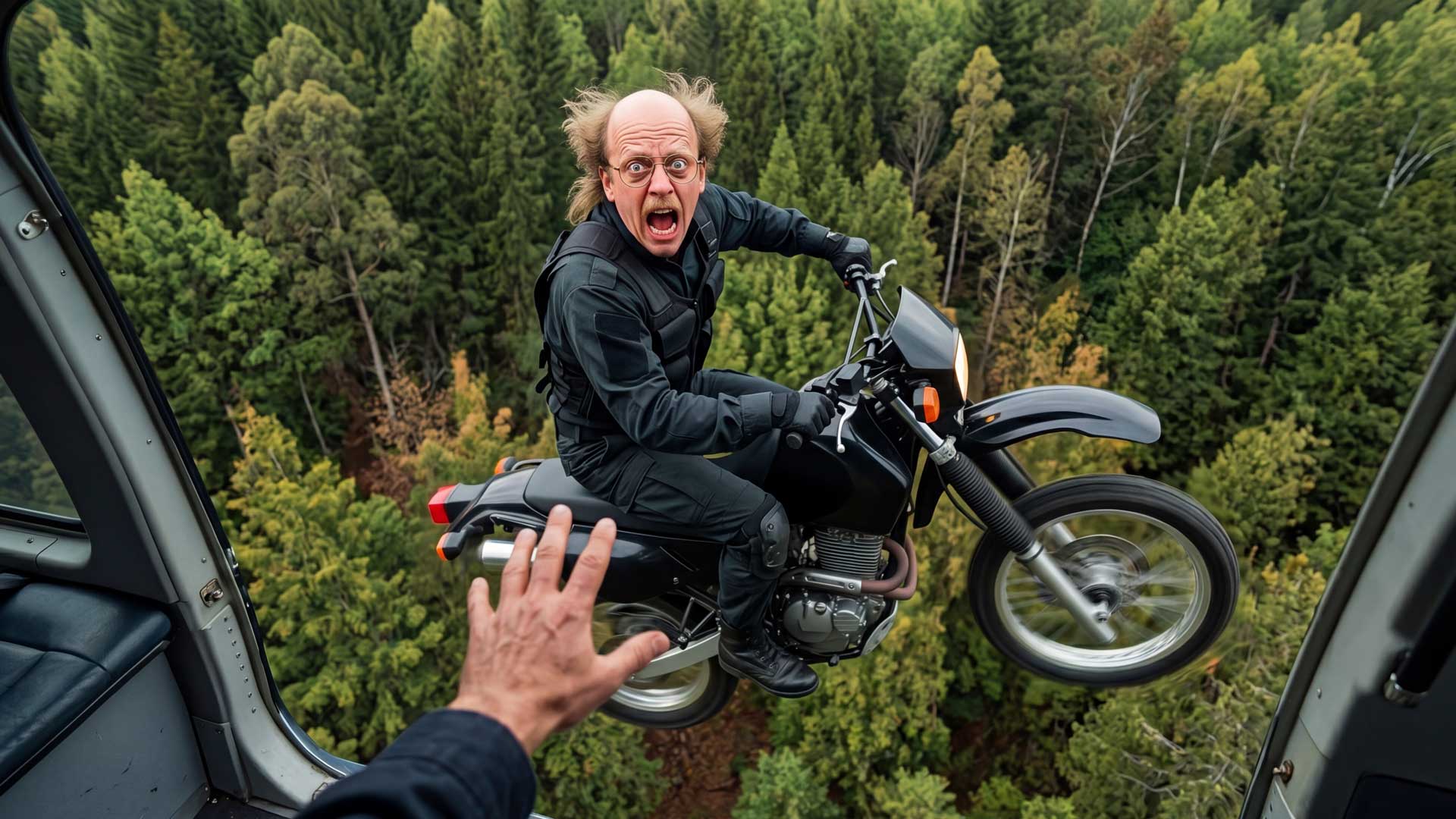 A man with a shocked expression rides a motorcycle in mid-air above a dense forest, reaching toward a hand extended from an open helicopter door in this wild We Love Pitching editorial series on Stash: Motorcycle-leaving-helicopter. Frame from Stash Magazine article.