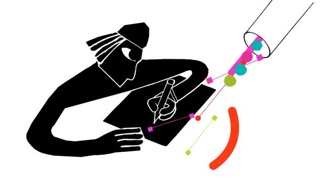 A stylized illustration of a person standing up and drawing with a pen on a tablet, with colorful geometric shapes emerging from the pen’s tip toward a cylindrical object on the right, against a white background. Frame from Stash Magazine article.