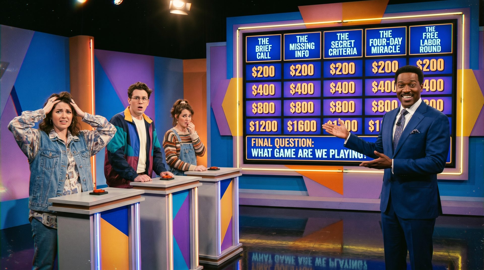Three contestants stand at podiums looking surprised, while a smiling host gestures toward a game show board with categories and dollar amounts, reminiscent of Jeopardy!. The board reads: “Final question: What game are we playing?”—with one category prominently titled "We love Pitching Part II - The Shortlist. Frame from Stash Magazine article.