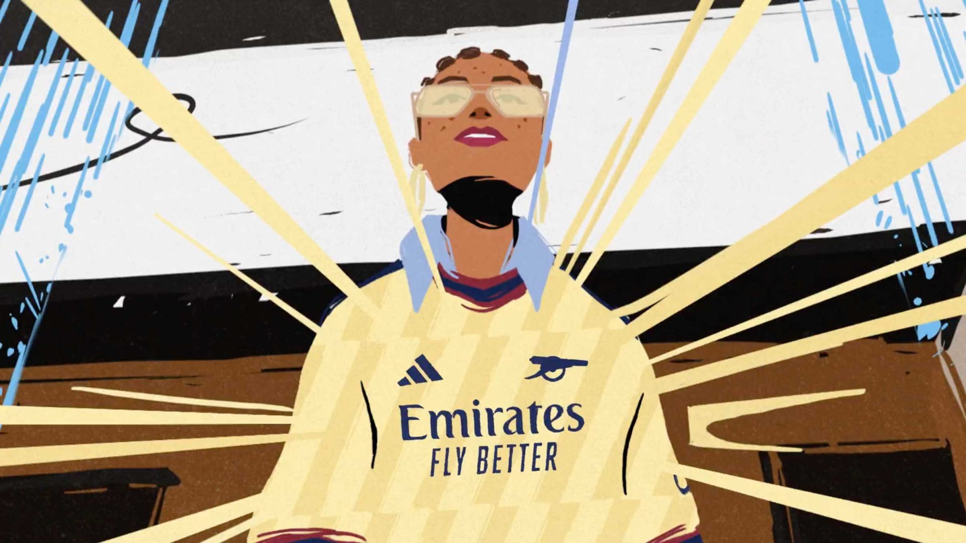 An illustrated person in an Arsenal jersey with Emirates Fly Better text stands confidently as yellow lines radiate from behind, suggesting energy and excitement—capturing a dynamic style reminiscent of Fx Goby and the creative flair often seen in Nexus productions. Frame from Stash Magazine article.