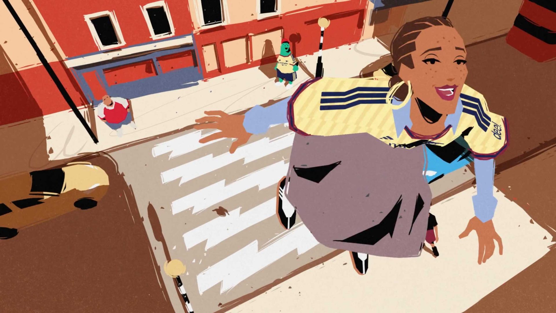 Animated woman with braids and hoop earrings jumps joyfully across a city street crosswalk, viewed from above. People and cars are visible below, and the scene is colorful with bold, graphic lines in the dynamic style of Fx Goby. Frame from Stash Magazine article.