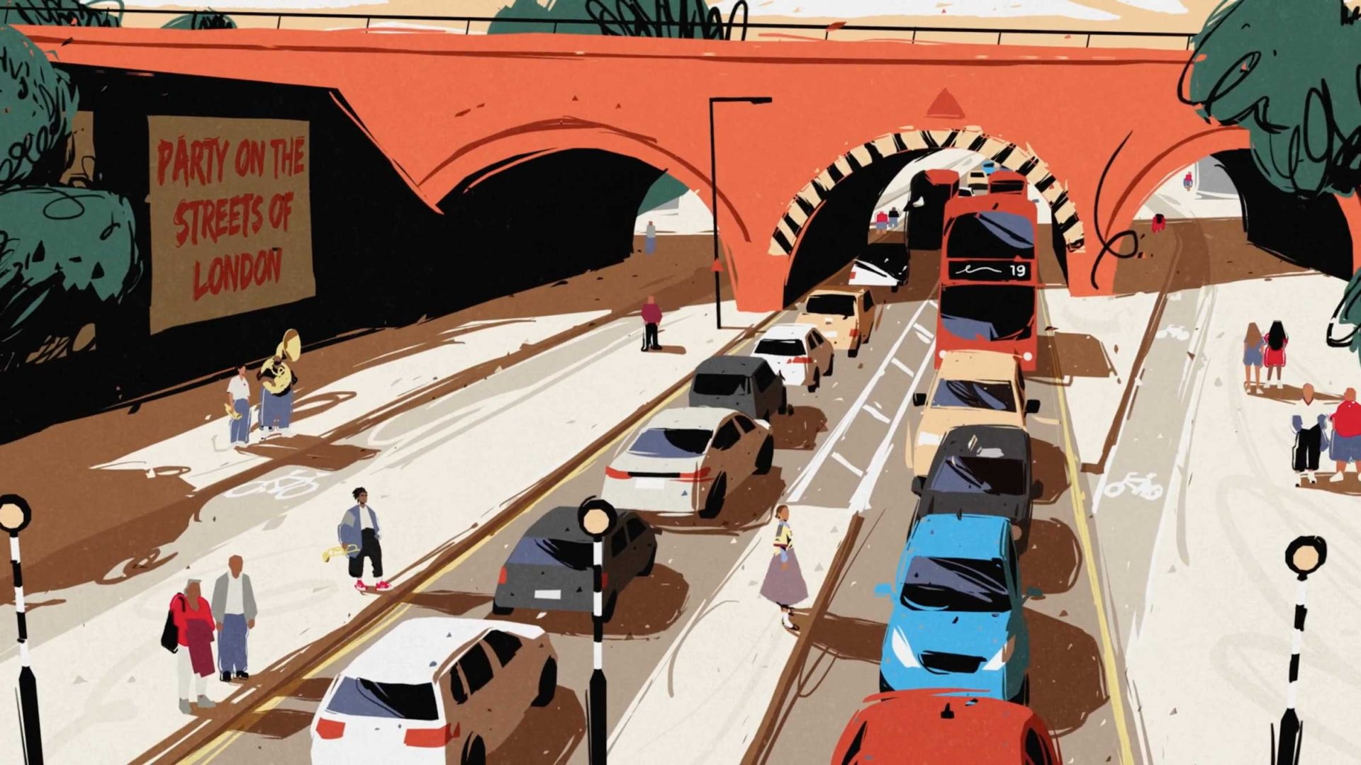 An illustration of a busy London street with cars, buses, and people walking near an arched bridge. A billboard reads PARTY ON THE STREETS OF LONDON. Trees and streetlights line the scene, while hints of Arsenal red subtly appear on scarves and shirts in the crowd—capturing that unmistakable city spirit reminiscent of a vibrant Fx Goby or Nexus production. Frame from Stash Magazine article.