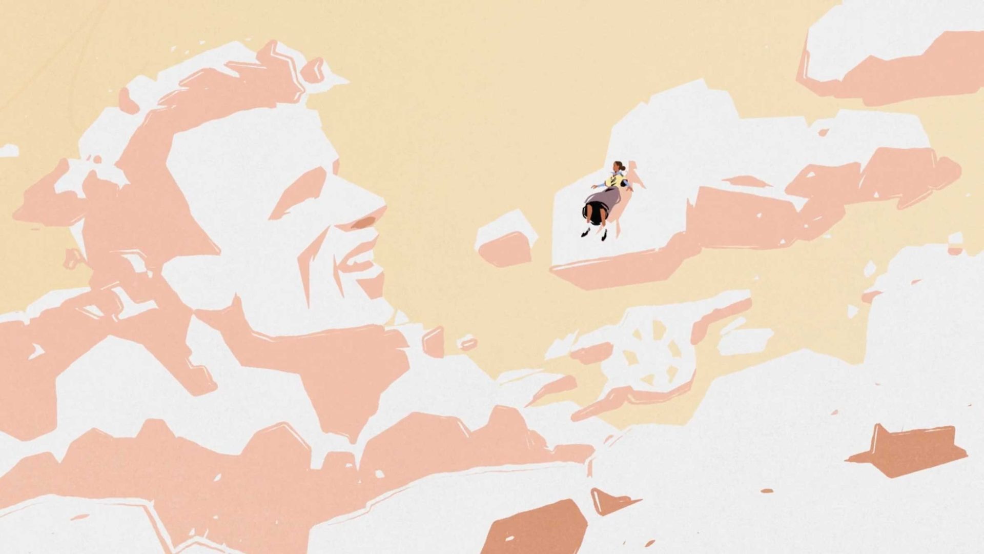An abstract illustration of a large face, inspired by the signature style of Fx Goby and Nexus, is formed by peach and white shapes on the left, with a small figure riding a horse on floating shapes to the right against a light background. Frame from Stash Magazine article.