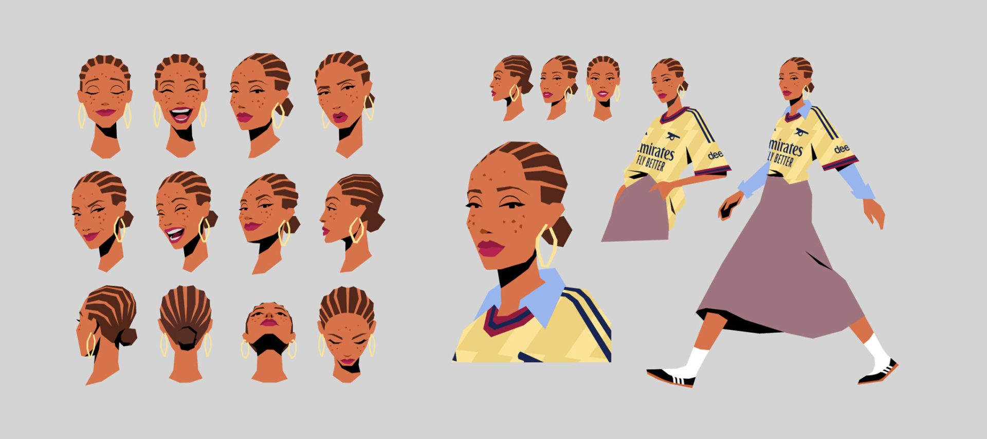 A character sheet of a woman with cornrows, large earrings, and a yellow jersey, inspired by Arsenal colors. The sheet displays various head angles, expressive facial emotions reminiscent of Fx Goby’s dynamic style, and a full-body walking pose featuring her in a skirt and sneakers. Frame from Stash Magazine article.