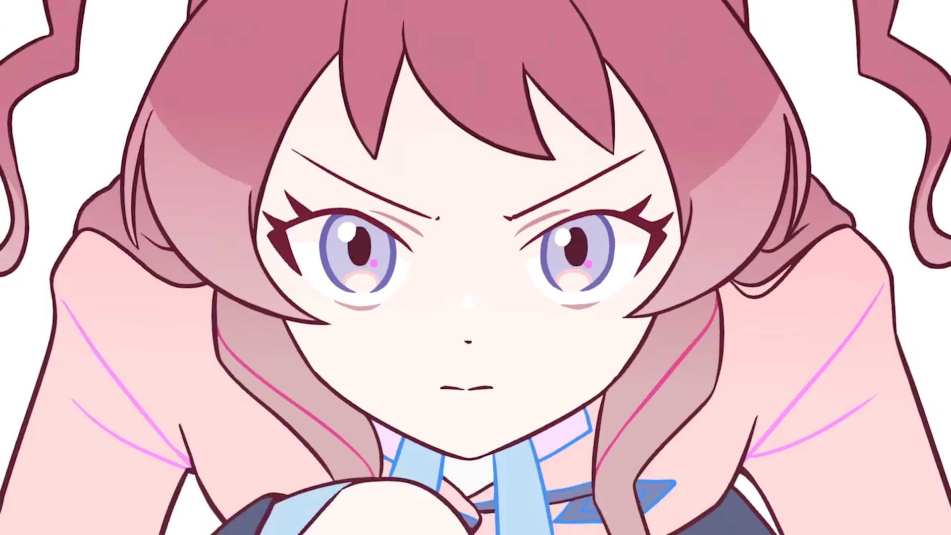 Anime-style illustration of a girl with pink hair and intense, determined eyes, inspired by Takashi Ohashi. She stares forward with a serious expression, has light skin, and wears a striking blue and white outfit. Frame from Stash Magazine article.