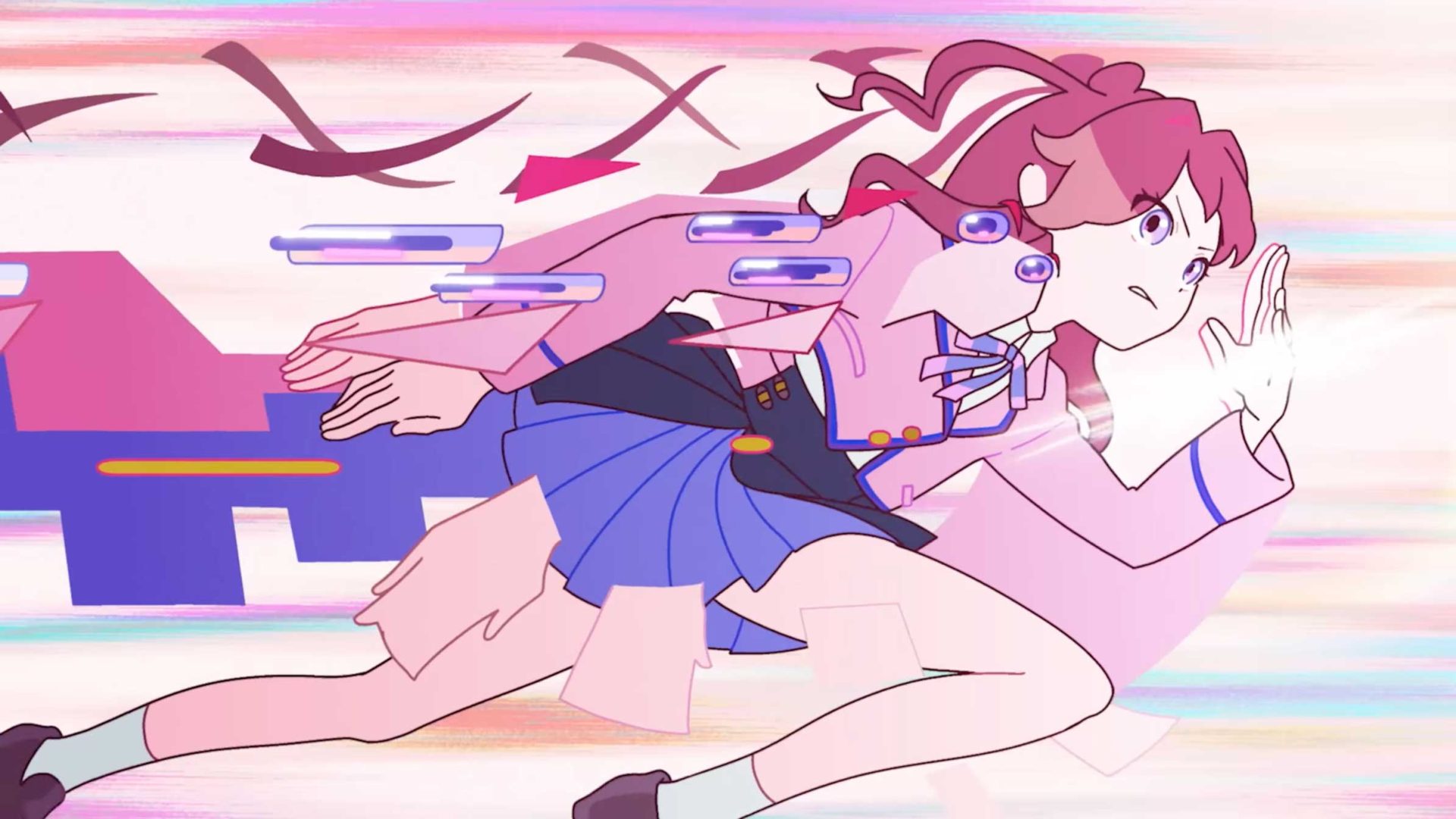 An animated girl with pink hair in a ponytail runs swiftly, wearing a pink jacket and blue skirt. Inspired by Takashi Ohashi and CALF, the dynamic background bursts with motion lines and stylized effects, emphasizing her Wildest Flower-like energy and speed. Frame from Stash Magazine article.
