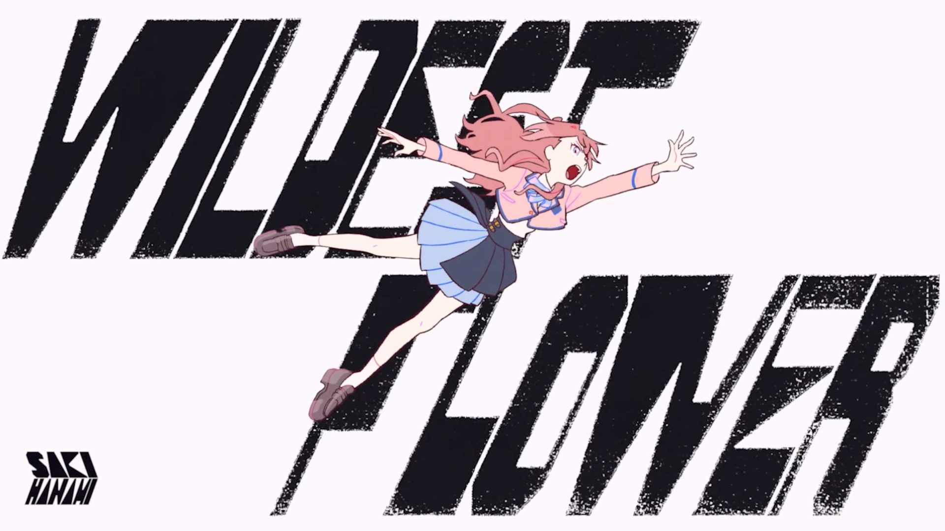 Anime-style girl with pink hair, a blue skirt, and a white top floats joyfully in front of bold, distressed text reading WILDEST PIONEER. Inspired by Takashi Ohashi’s vibrant style, the small SKI MNMN logo sits in the corner on a white background. Frame from Stash Magazine article.
