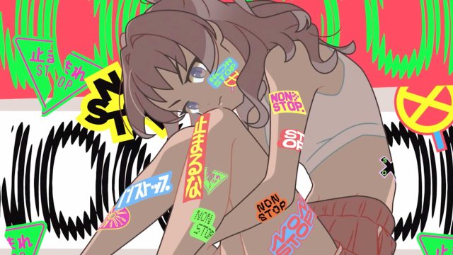Anime-style girl with brown hair sits hugging her knees, looking sad. Her body is covered in colorful “STOP” and “NON-STOP” stickers—reminiscent of Takashi Ohashi’s CALF works. Bold shapes and Japanese characters fill the Wildest Flower-inspired background. Frame from Stash Magazine article.