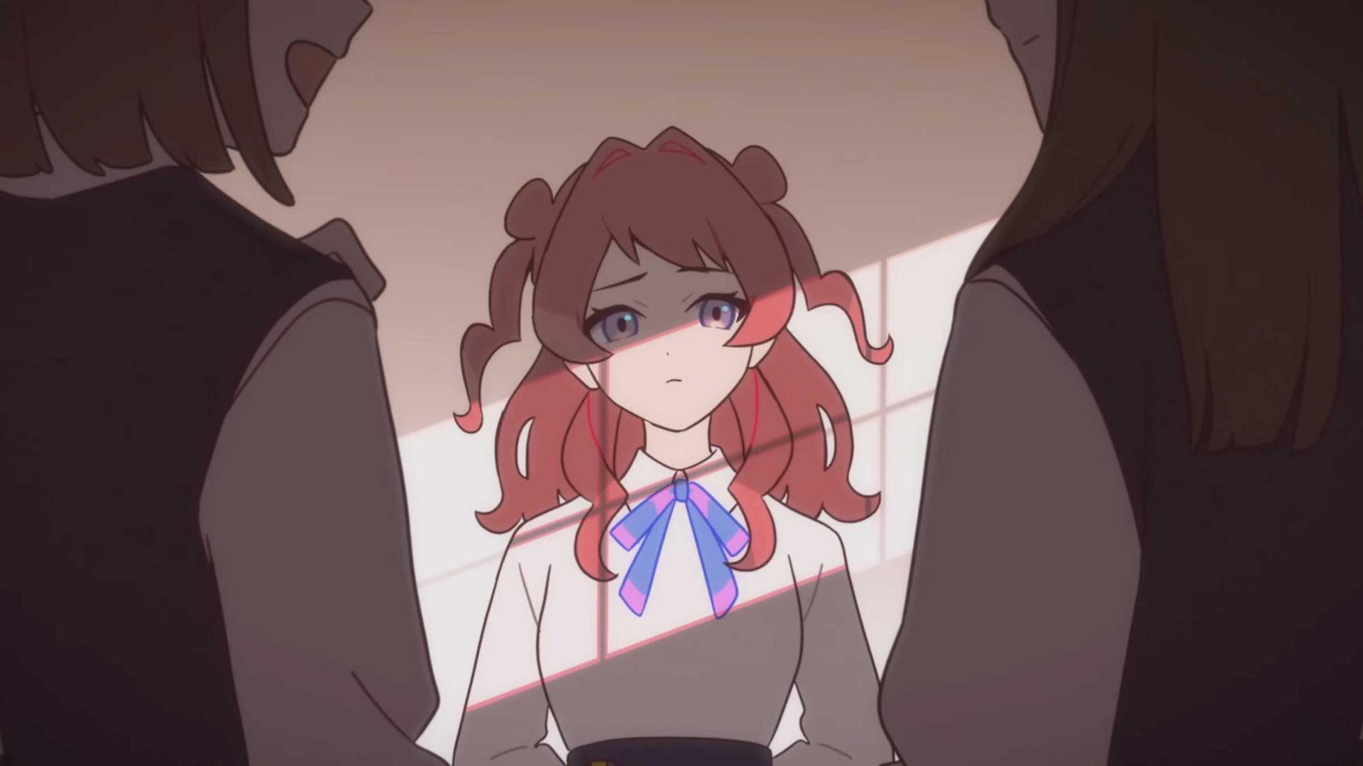 A sad girl with red hair in pigtails and a blue ribbon stands in the center at Hatsuboshi Gakuen, looking down, surrounded by two other girls whose faces are hidden. The lighting and expressions suggest a tense or emotional moment. Frame from Stash Magazine article.