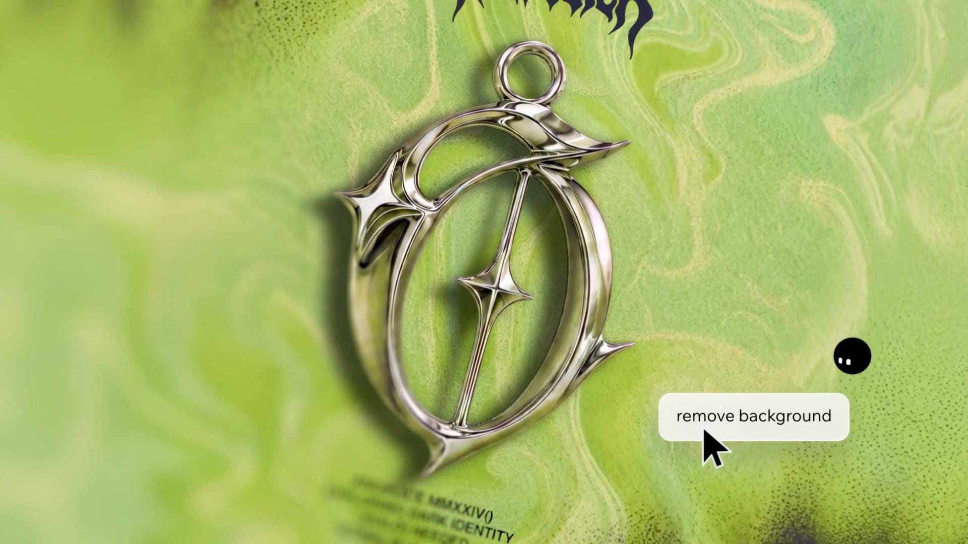 A metallic, ornate pendant resembling an O with star-shaped accents is displayed against a green, abstract backdrop, as a cursor points to a pop-up reading remove background—perfect for creating standout product film content in Wix Motion Studio. Frame from Stash Magazine article.