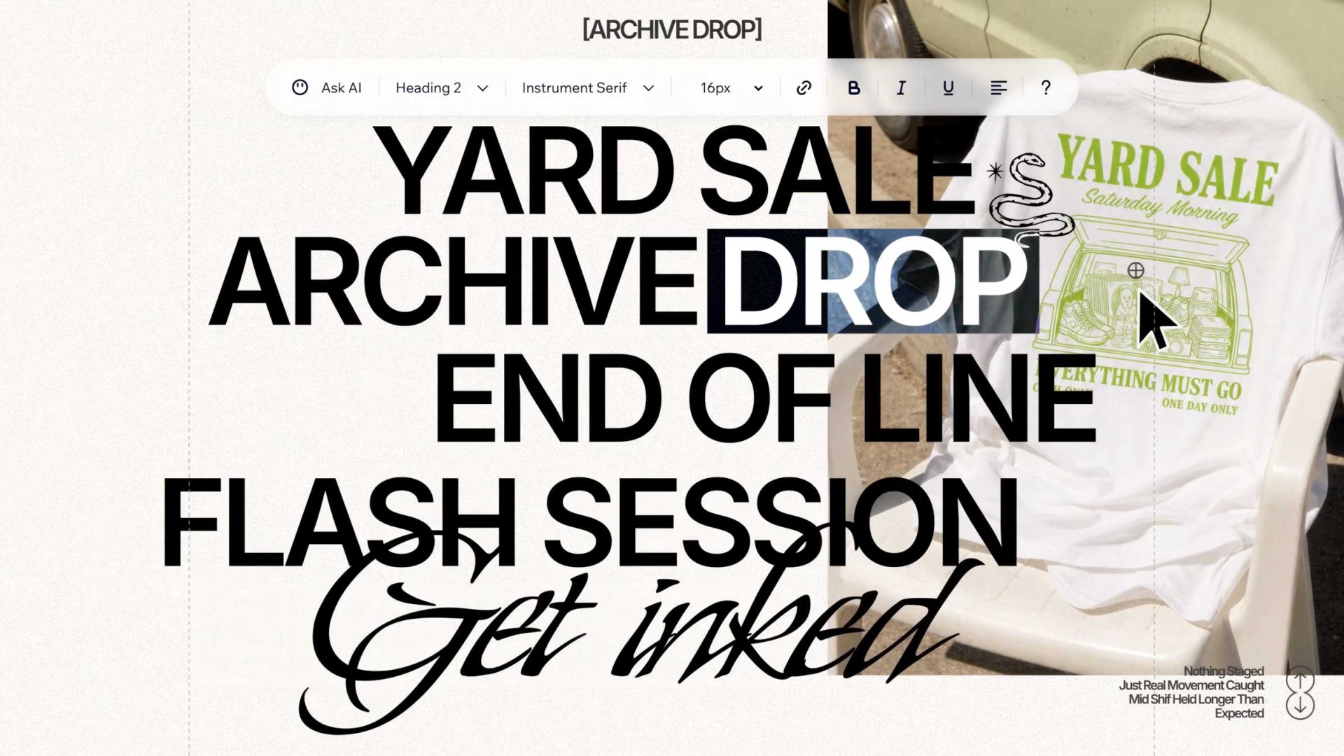 Large bold text reading YARD SALE ARCHIVE DROP END OF LINE FLASH SESSION Get inked overlays an image of a flyer with Yard Sale, a green shirt design, and references the Wix Harmony vibe—The New Way Product film by Wix Motion Studio. A leg and shoe complete the backdrop. Frame from Stash Magazine article.