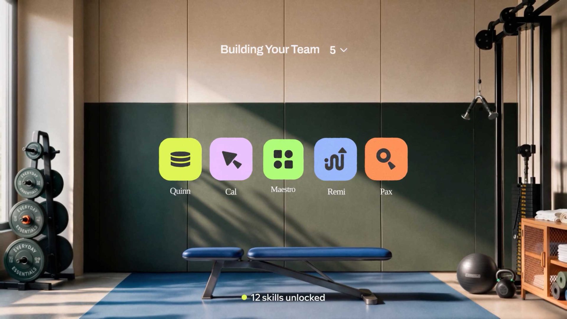 A gym with weights and a bench. On the wall, colorful icons labeled Quim, Cal, Maestro, Remi, and Pax appear under Building Your Team, brought to life with dynamic Symphony animations created in Wix Motion Studio. Text at the bottom reads 12 skills unlocked. Frame from Stash Magazine article.