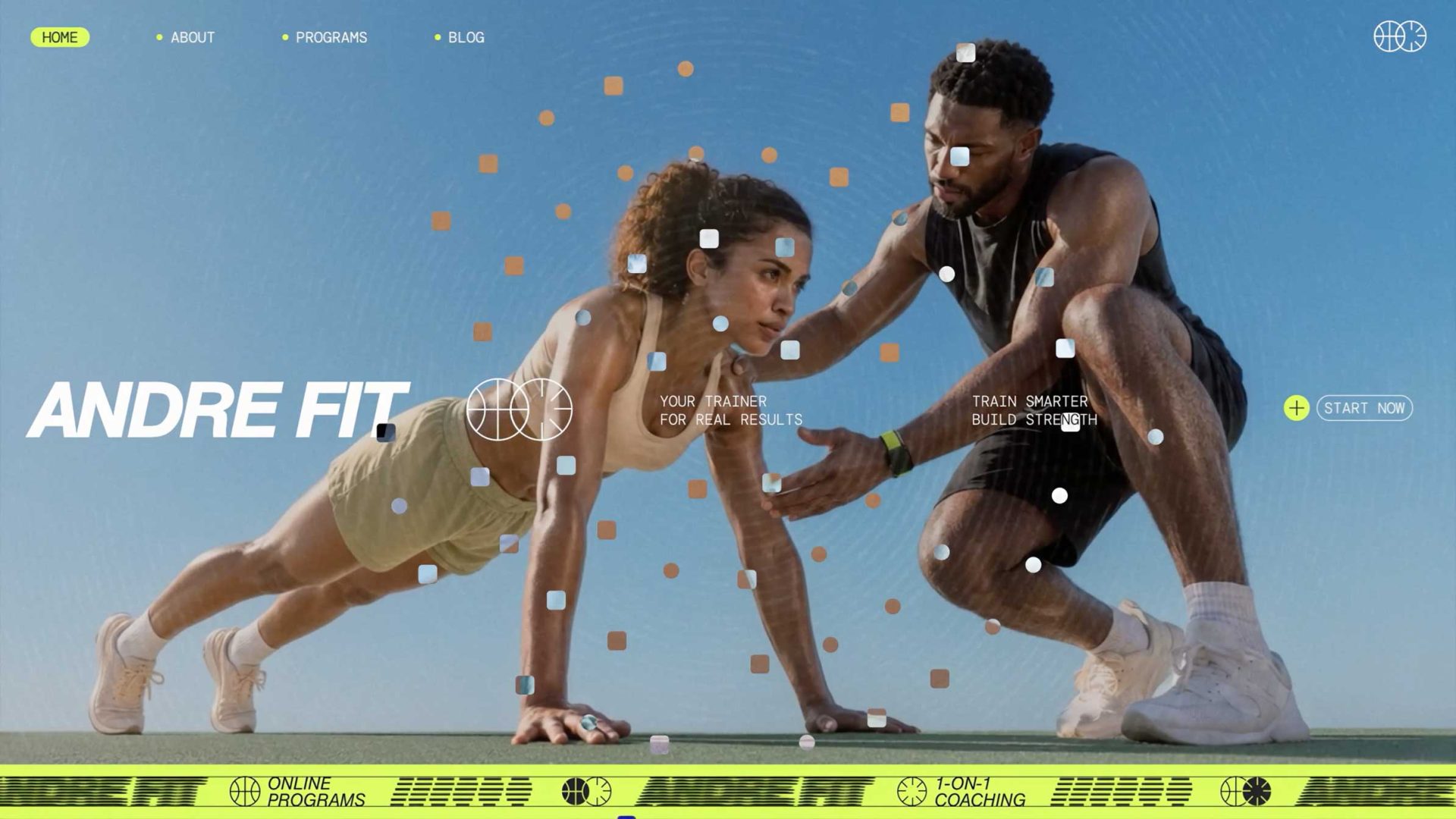 A woman does push-ups while a man coaches her outdoors on a sunny day. The text reads ANDREFIT and highlights online programs and 1-on-1 coaching. Website navigation icons are visible at the top and bottom, complemented by dynamic visuals created with Wix Motion Studio to enhance the experience—perfect for showcasing a launch video or Symphony launch. Frame from Stash Magazine article.