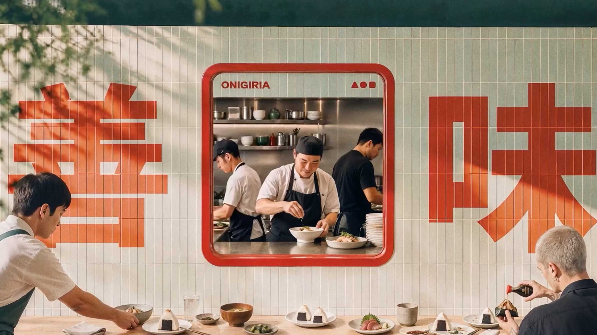 Chefs prepare food in a kitchen framed by a window labeled ONIGIRIA, with large red Chinese characters on the tiled wall and diners seated at a counter enjoying Japanese dishes, while a video captured by Wix Motion Studio showcases the vibrant atmosphere reminiscent of Symphony launch events. Frame from Stash Magazine article.