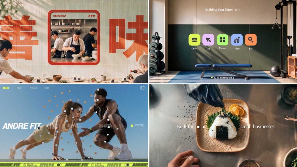 A collage of four website designs: a restaurant scene, a minimalist dashboard, a fitness website with two people exercising, and a close-up of a gourmet dish with the text Built for small businesses, inspired by the creative energy of the Wix Symphony launch video by Wix Motion Studio. Frame from Stash Magazine article.