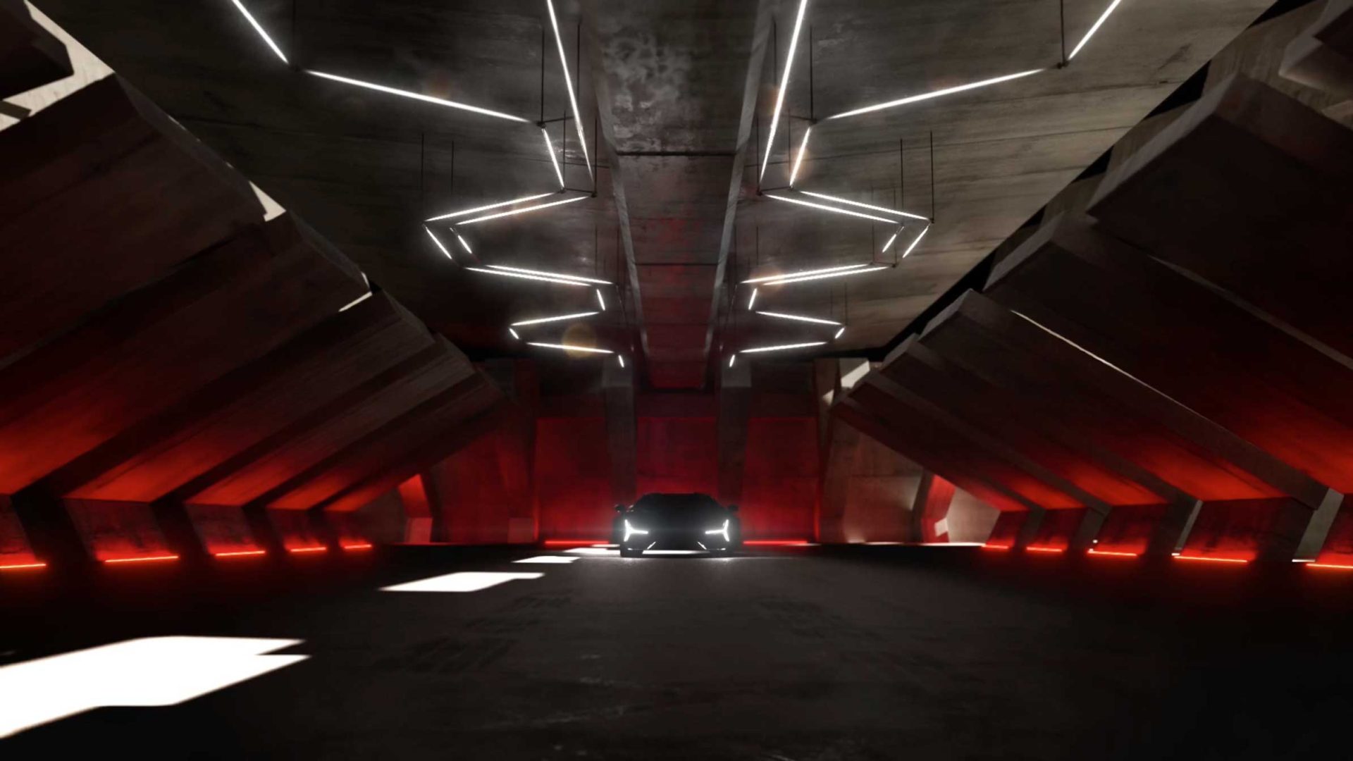 A sleek Automobili Lamborghini is parked in a futuristic, dimly lit garage with angular walls and geometric ceiling lights. Red accent lighting lines the floor, creating a dramatic and modern atmosphere reminiscent of Nerdo Studio’s cutting-edge design aesthetic. Frame from Stash Magazine article.