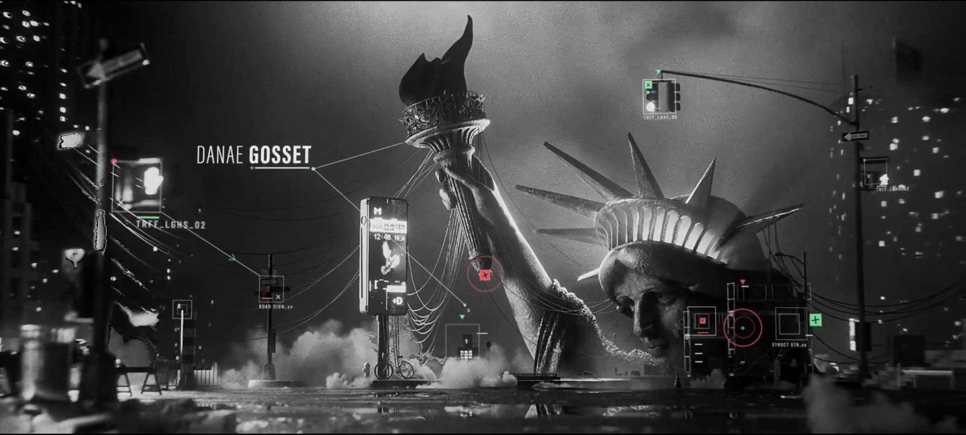A black-and-white scene shows the fallen Statue of Liberty in New York, surrounded by smoke, cables, digital screens, and traffic lights. Text reads Danae Gosset alongside Yeti Pictures, and data overlays suggest a futuristic, dystopian setting featured at Motion Plus Design. Frame from Stash Magazine article.