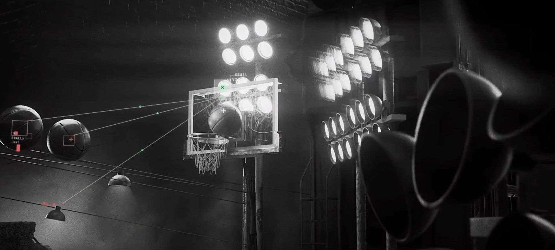 A basketball approaches a hoop under bright stadium lights, with digital lines and markers analyzing its trajectory in a dark, rainy New York setting. Frame from Stash Magazine article.